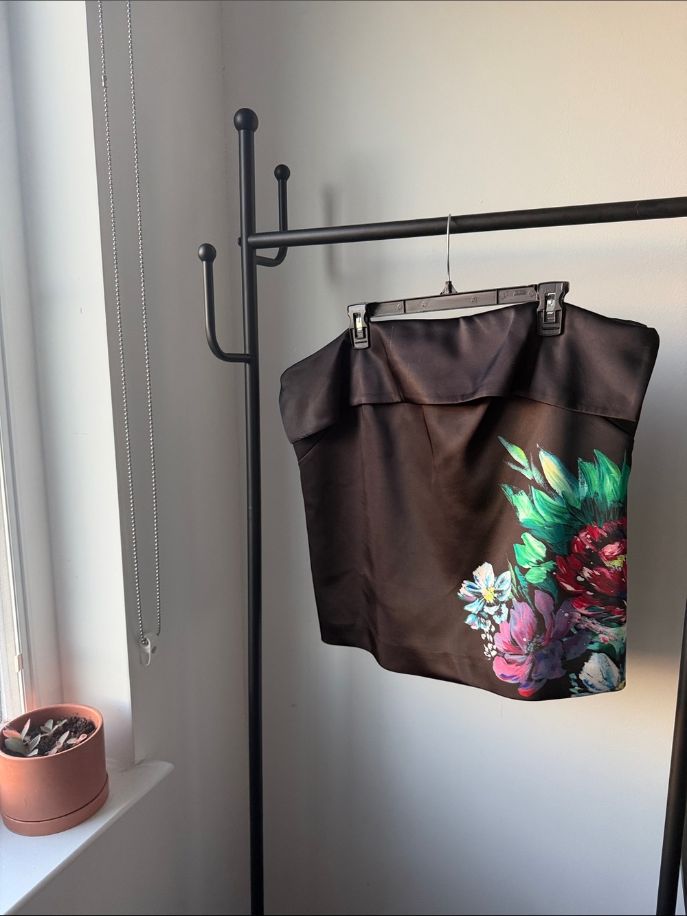 Anthropologie Black Satin Tube Top with Multicolor Floral Print